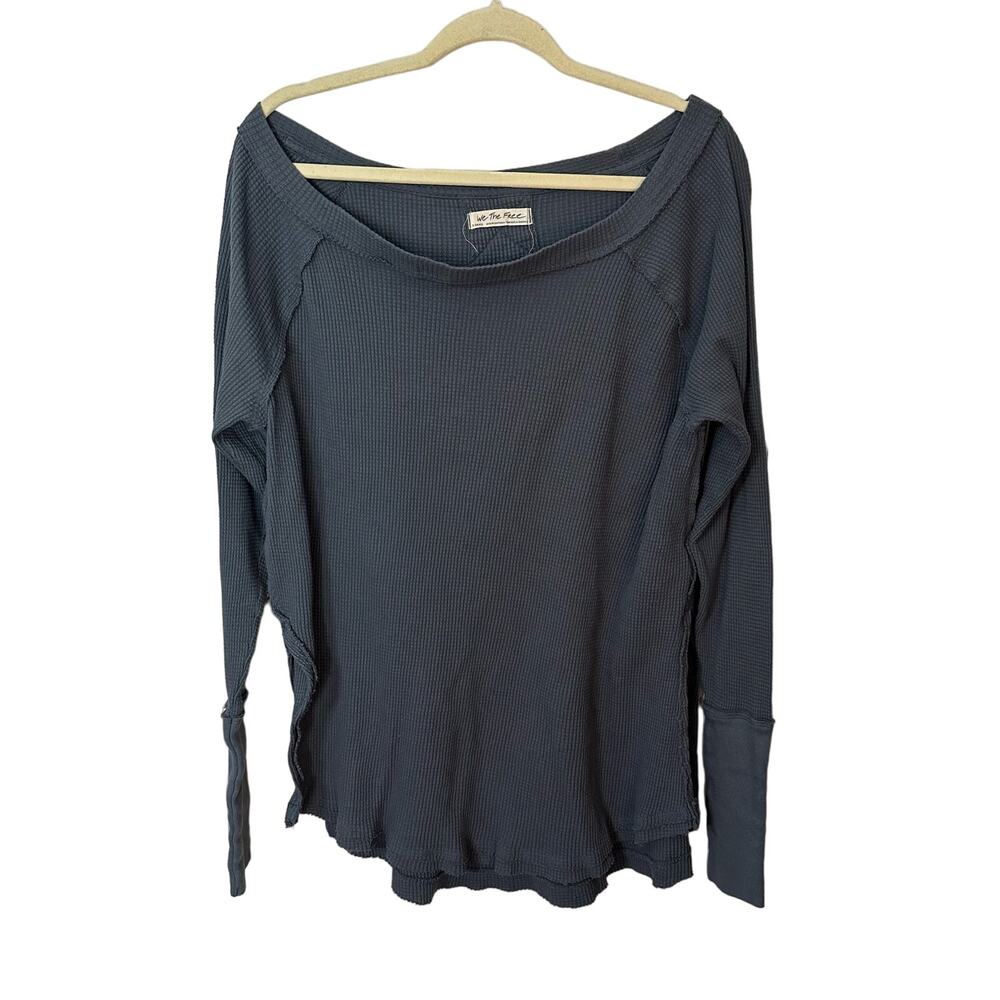 We The Free Womens Waffle Knit Top Slouchy Oversized Size XS Blue OB1169470